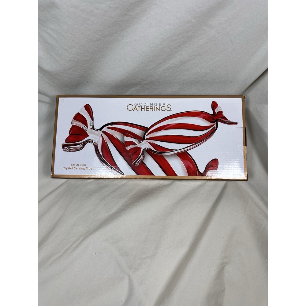Godinger Gatherings Peppermint Candy‎ Crystal Serving Trays Set of 2 Christmas